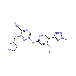 COc1cc(Nc2cnc(C#N)c(O[C@@H]3CCNC3)n2)ncc1-c1cnn(C)c1 ZINC000095558393