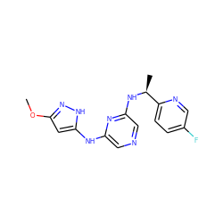 COc1cc(Nc2cncc(N[C@@H](C)c3ccc(F)cn3)n2)[nH]n1 ZINC000045258188