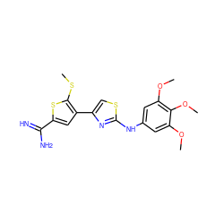 COc1cc(Nc2nc(-c3cc(C(=N)N)sc3SC)cs2)cc(OC)c1OC ZINC000028007529