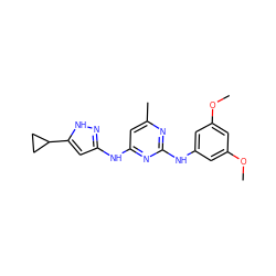 COc1cc(Nc2nc(C)cc(Nc3cc(C4CC4)[nH]n3)n2)cc(OC)c1 ZINC000203004371