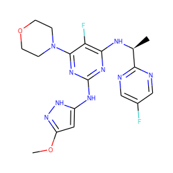 COc1cc(Nc2nc(N[C@@H](C)c3ncc(F)cn3)c(F)c(N3CCOCC3)n2)[nH]n1 ZINC000096269742