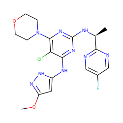 COc1cc(Nc2nc(N[C@@H](C)c3ncc(F)cn3)nc(N3CCOCC3)c2Cl)[nH]n1 ZINC000066099925