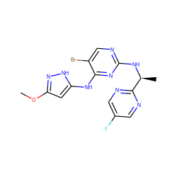 COc1cc(Nc2nc(N[C@@H](C)c3ncc(F)cn3)ncc2Br)[nH]n1 ZINC000066099645