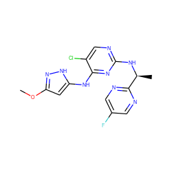 COc1cc(Nc2nc(N[C@@H](C)c3ncc(F)cn3)ncc2Cl)[nH]n1 ZINC000034951403