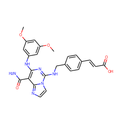 COc1cc(Nc2nc(NCc3ccc(/C=C/C(=O)O)cc3)n3ccnc3c2C(N)=O)cc(OC)c1 ZINC000003940040