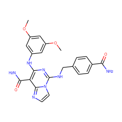 COc1cc(Nc2nc(NCc3ccc(C(N)=O)cc3)n3ccnc3c2C(N)=O)cc(OC)c1 ZINC000040919254