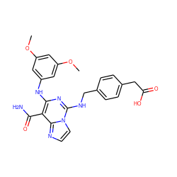 COc1cc(Nc2nc(NCc3ccc(CC(=O)O)cc3)n3ccnc3c2C(N)=O)cc(OC)c1 ZINC000040934726