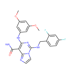 COc1cc(Nc2nc(NCc3ccc(F)cc3F)n3ccnc3c2C(N)=O)cc(OC)c1 ZINC000040874284