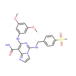 COc1cc(Nc2nc(NCc3ccc(S(C)(=O)=O)cc3)n3ccnc3c2C(N)=O)cc(OC)c1 ZINC000040879013