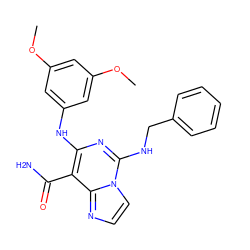 COc1cc(Nc2nc(NCc3ccccc3)n3ccnc3c2C(N)=O)cc(OC)c1 ZINC000040934211