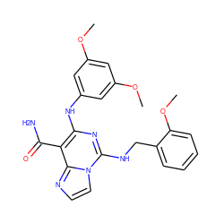 COc1cc(Nc2nc(NCc3ccccc3OC)n3ccnc3c2C(N)=O)cc(OC)c1 ZINC000040393199