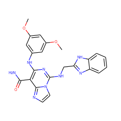 COc1cc(Nc2nc(NCc3nc4ccccc4[nH]3)n3ccnc3c2C(N)=O)cc(OC)c1 ZINC000040395275