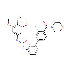 COc1cc(Nc2nc3cccc(-c4ccc(C(=O)N5CCOCC5)c(F)c4)c3o2)cc(OC)c1OC ZINC000049037249