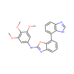 COc1cc(Nc2nc3cccc(-c4cccc5nc[nH]c45)c3o2)cc(OC)c1OC ZINC000098208217