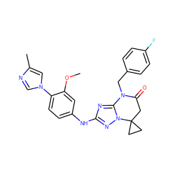 COc1cc(Nc2nc3n(n2)C2(CC2)CC(=O)N3Cc2ccc(F)cc2)ccc1-n1cnc(C)c1 ZINC000299834252