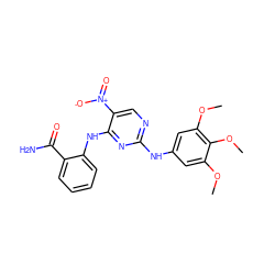 COc1cc(Nc2ncc([N+](=O)[O-])c(Nc3ccccc3C(N)=O)n2)cc(OC)c1OC ZINC000003986637