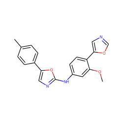 COc1cc(Nc2ncc(-c3ccc(C)cc3)o2)ccc1-c1cnco1 ZINC000003594951