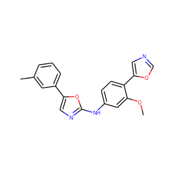 COc1cc(Nc2ncc(-c3cccc(C)c3)o2)ccc1-c1cnco1 ZINC000003594954