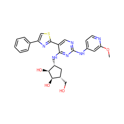 COc1cc(Nc2ncc(-c3nc(-c4ccccc4)cs3)c(N[C@@H]3C[C@H](CO)[C@@H](O)[C@H]3O)n2)ccn1 ZINC000207524449