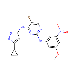 COc1cc(Nc2ncc(Br)c(Nc3cc(C4CC4)[nH]n3)n2)cc([N+](=O)[O-])c1 ZINC000203007944