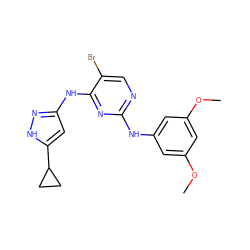 COc1cc(Nc2ncc(Br)c(Nc3cc(C4CC4)[nH]n3)n2)cc(OC)c1 ZINC000137150571