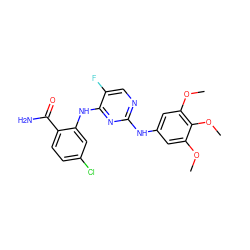 COc1cc(Nc2ncc(F)c(Nc3cc(Cl)ccc3C(N)=O)n2)cc(OC)c1OC ZINC000299855665