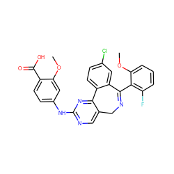 COc1cc(Nc2ncc3c(n2)-c2ccc(Cl)cc2C(c2c(F)cccc2OC)=NC3)ccc1C(=O)O ZINC000040939534