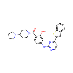 COc1cc(Nc2nccc(-c3cc4ccccc4s3)n2)ccc1C(=O)N1CCC(N2CCCC2)CC1 ZINC000028564228