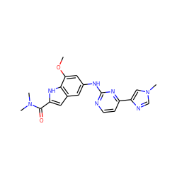 COc1cc(Nc2nccc(-c3cn(C)cn3)n2)cc2cc(C(=O)N(C)C)[nH]c12 ZINC000222324945