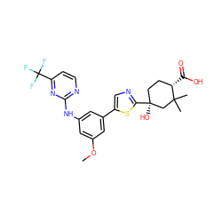 COc1cc(Nc2nccc(C(F)(F)F)n2)cc(-c2cnc([C@@]3(O)CC[C@H](C(=O)O)C(C)(C)C3)s2)c1 ZINC000221151676