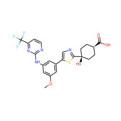 COc1cc(Nc2nccc(C(F)(F)F)n2)cc(-c2cnc([C@]3(O)CC[C@@H](C(=O)O)CC3)s2)c1 ZINC001772622176