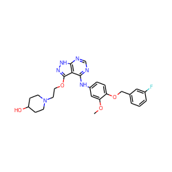 COc1cc(Nc2ncnc3[nH]nc(OCCN4CCC(O)CC4)c23)ccc1OCc1cccc(F)c1 ZINC000029128866