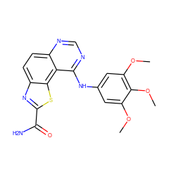 COc1cc(Nc2ncnc3ccc4nc(C(N)=O)sc4c23)cc(OC)c1OC ZINC000206014397