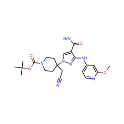 COc1cc(Nc2nn(C3(CC#N)CCN(C(=O)OC(C)(C)C)CC3)cc2C(N)=O)ccn1 ZINC000222093652