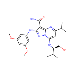 COc1cc(Nc2nn3c(N[C@@H](CO)C(C)C)cc(C(C)C)nc3c2C(N)=O)cc(OC)c1 ZINC000029123343