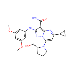 COc1cc(Nc2nn3c(N4CCC[C@@H]4CO)cc(C4CC4)nc3c2C(N)=O)cc(OC)c1 ZINC000029123276