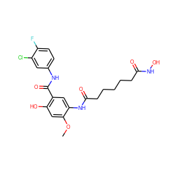 COc1cc(O)c(C(=O)Nc2ccc(F)c(Cl)c2)cc1NC(=O)CCCCCC(=O)NO ZINC000084758198