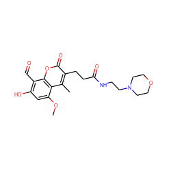 COc1cc(O)c(C=O)c2oc(=O)c(CCC(=O)NCCN3CCOCC3)c(C)c12 ZINC000166488286