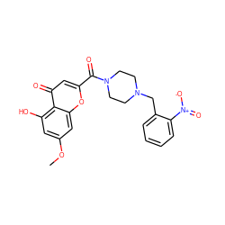 COc1cc(O)c2c(=O)cc(C(=O)N3CCN(Cc4ccccc4[N+](=O)[O-])CC3)oc2c1 ZINC000653795160