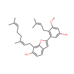 COc1cc(O)cc(-c2cc3ccc(O)c(C/C=C(/C)CCC=C(C)C)c3o2)c1CC=C(C)C ZINC000653846183