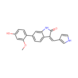 COc1cc(O)ccc1-c1ccc2c(c1)NC(=O)/C2=C\c1cc[nH]c1 ZINC000014956273