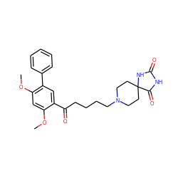 COc1cc(OC)c(-c2ccccc2)cc1C(=O)CCCCN1CCC2(CC1)NC(=O)NC2=O ZINC000026647289