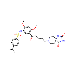 COc1cc(OC)c(C(=O)CCCCN2CCC3(CC2)NC(=O)NC3=O)cc1NS(=O)(=O)c1ccc(C(C)C)cc1 ZINC000026652703