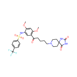 COc1cc(OC)c(C(=O)CCCCN2CCC3(CC2)NC(=O)NC3=O)cc1NS(=O)(=O)c1ccc(C(F)(F)F)cc1 ZINC000026580328