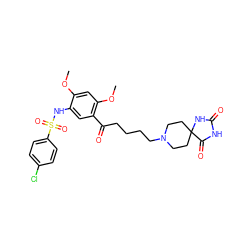 COc1cc(OC)c(C(=O)CCCCN2CCC3(CC2)NC(=O)NC3=O)cc1NS(=O)(=O)c1ccc(Cl)cc1 ZINC000026637017