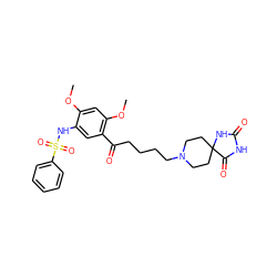 COc1cc(OC)c(C(=O)CCCCN2CCC3(CC2)NC(=O)NC3=O)cc1NS(=O)(=O)c1ccccc1 ZINC000026638400