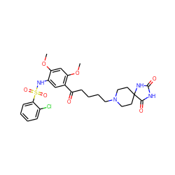 COc1cc(OC)c(C(=O)CCCCN2CCC3(CC2)NC(=O)NC3=O)cc1NS(=O)(=O)c1ccccc1Cl ZINC000026580126