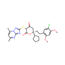 COc1cc(OC)c(CC[C@@]2(C3CCCC3)CC(=O)C(Sc3nc4nc(C)cc(C)n4n3)C(=O)O2)cc1Cl ZINC000101101797