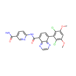 COc1cc(OC)c(Cl)c(-c2ccc(C(=O)Nc3ccc(C(N)=O)cn3)c3nccnc23)c1Cl ZINC000096173389