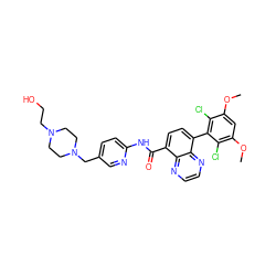 COc1cc(OC)c(Cl)c(-c2ccc(C(=O)Nc3ccc(CN4CCN(CCO)CC4)cn3)c3nccnc23)c1Cl ZINC000096173416